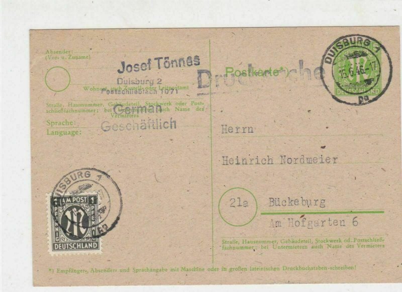 Germany 1946 Duisburg Cancels Allied Occupation Stamp Card to Buckeburg Ref25849