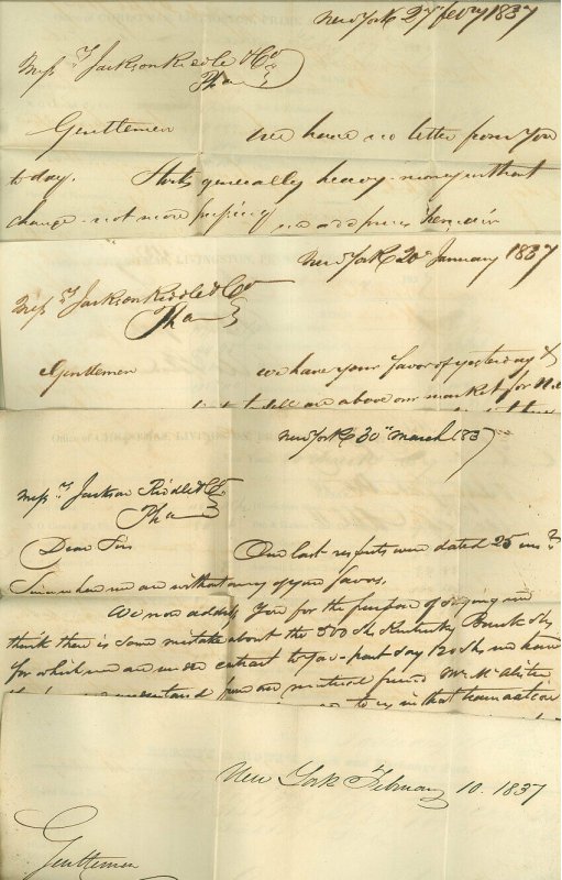1837 LOT/4 NY RAILROAD Stampless FLS's to Jackson Riddle Co, Phila, RE: RR Stock