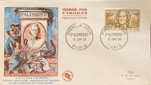 P) 1959 FRANCE, FDC, FAMOUS MEN OF D´ALEMBERT STAMP, PHILOSOPHER MATHEMATIC, XF