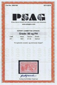 SC# 241 UNUSED OG PH $1 QUEEN ISABELLA JEWELS 1893 2019 PSAG CERT GRADED VF 80 