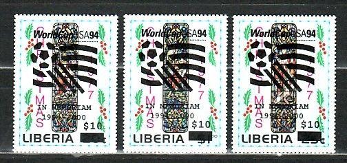 Liberia, L.U.R.D. 791-793 issue. World Soccer Cup, Black o/print on Christmas. ^