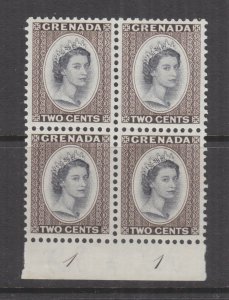 GRENADA, 1953 QE 2c. Black & Brown, Plate block of 4, mnh./lhm.