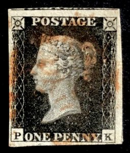 GB QV 1840 PENNY BLACK ‘PK’ PLATE 06 FOUR MARGIN RED ‘MX’ HIGH C.V£+++ 