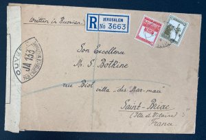 1940 Jerusalem Palestine Censored Registered cover to Biaric France