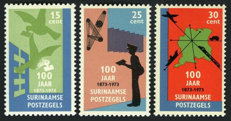 Surinam 408-410, MNH. Mi 663-665. Stamps of Suriname-100, 1973. Pigeon,Ship,Map,