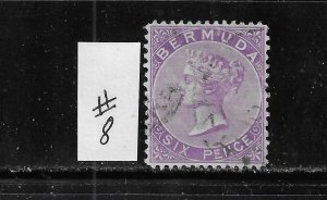 BERMUDA SCOTT #8 1882-1903 VICTORIA 6P (VIOLET) WMK 1- PERF 14X12 1/2 -USED