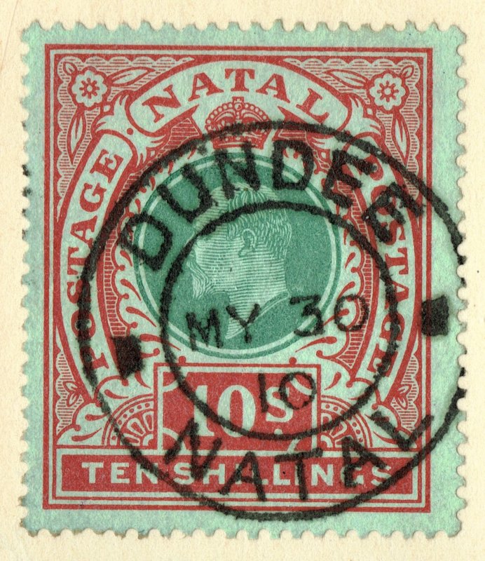 [mag326] NATAL South Africa 1908 EdwardVII SG#170 10s Green Red used cv:£130