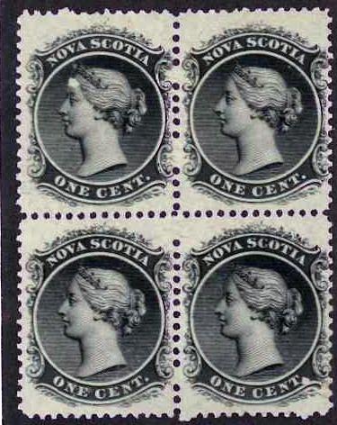 Nova Scotia SC#8 Queen Victoria 1c. Black, Block of 4 (1860) MNH