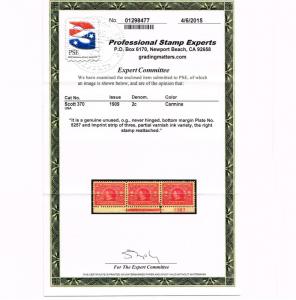 GENUINE SCOTT #370 MINT OG NH PSE CERT VARNISH INK PLATE #5257 BEP IMPRINT STRIP