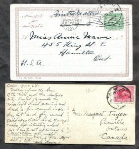 h285 - EGYPT Lot of (2) Postcards to CANADA Hamilton & Priceville. 1906 & 1926