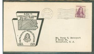 US 724 1932 3c William Penn on an addressed (typed) FDC with a Philadelphia Record Stamp Club cachet
