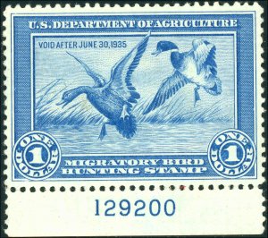 RW1 1934 FEDERAL DUCK STAMP GRADE 95  Bottom Plate Single VVVVVLH Certified