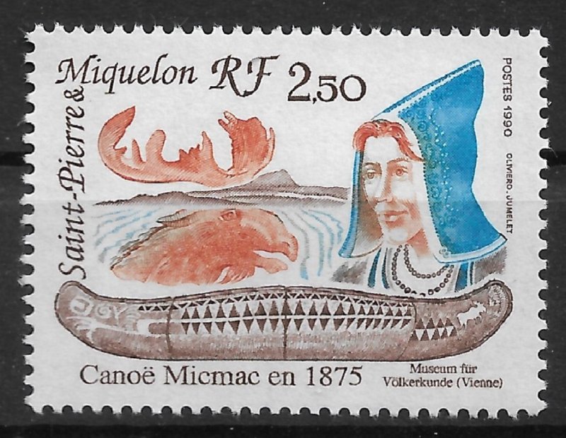 St.Pierre & Miquelon 1990, Micmac Canoe, Scott # 550,VF MNH**OG (SL-1)