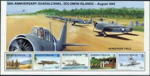 Solomon Isls 727-728 sheets,MNH. WW II.Battle of Guadalcanal,50th Ann.1992.