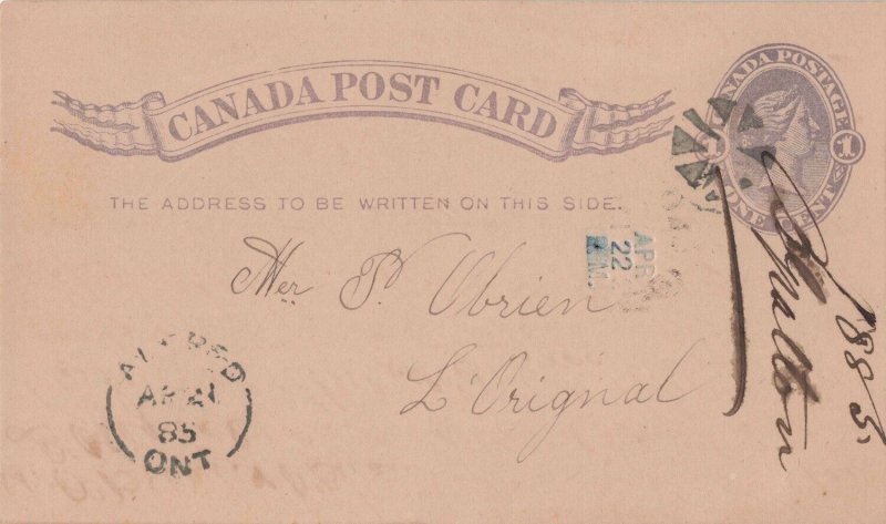 Canada 1885 ALFRED FANCY CANCEL Postal Stationery Card to L'Orignal 