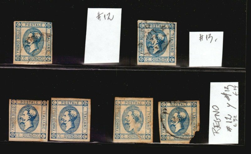 1863 Italy classic stamp #12 & 13 with printing variety study used and mint €+70