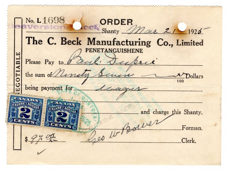 van Dam (2) FX36 2c - on document, The C. Beck Manufacturing Co. Limited PENETA