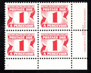 Canada 1977 MNH Sc J28a 1c Fourth Issue Postage Due Lower right Plate Block