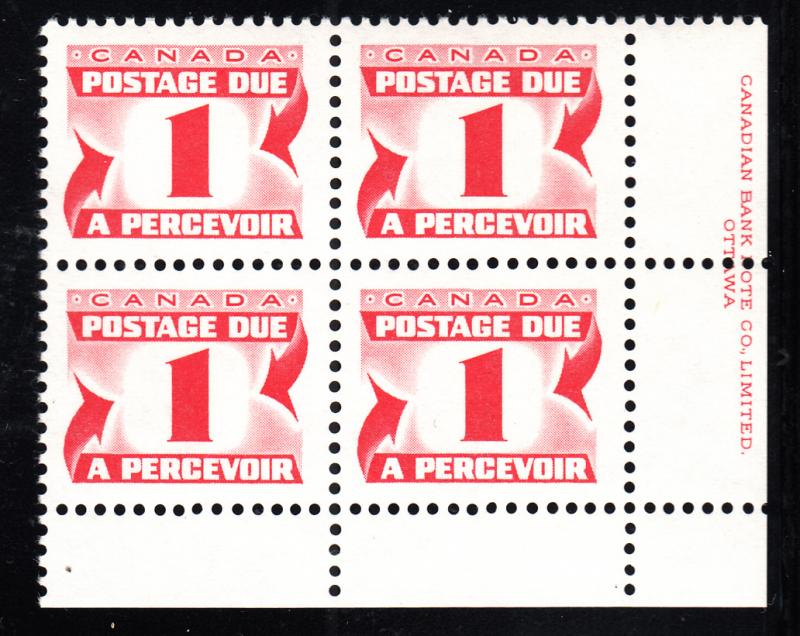 Canada 1977 MNH Sc J28a 1c Fourth Issue Postage Due Lower right Plate Block