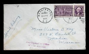US Special Delivery Cover US #E15, 720 Washington DC March 22, 1936 2-RPO's