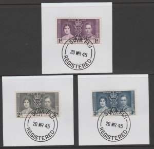 FIJI  1937 CORONATION set of 3 on pieces with MADAME JOSEPH  POSTMARK