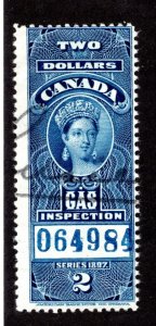 van Dam FG27, $2, Used, 1897 Victoria, Blue Control #'s, Canada, Federal Gas