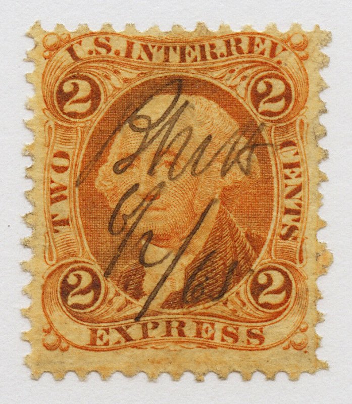 B44 U.S. Revenue Scott R10c 2-cent Express orange 1865 manuscript cancel SCV=$14