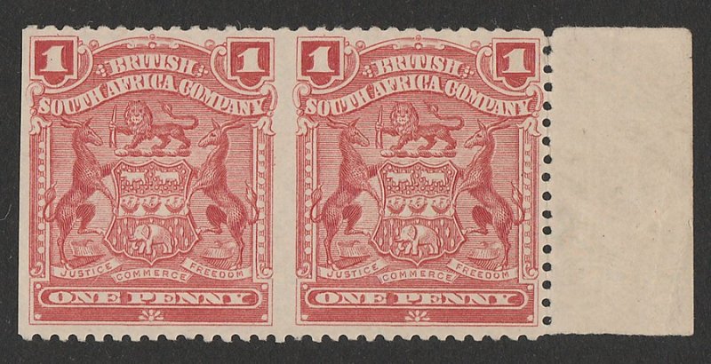 RHODESIA : 1898 Arms 1d pair error IMPERF between & at left. MNH **. RARE!