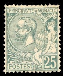 Monaco #20 Cat$275, 1891 25c green, hinged