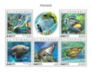 Guinea-Bissau - 2019 Fish on Stamps - 5 Stamp Sheet - GB181009a