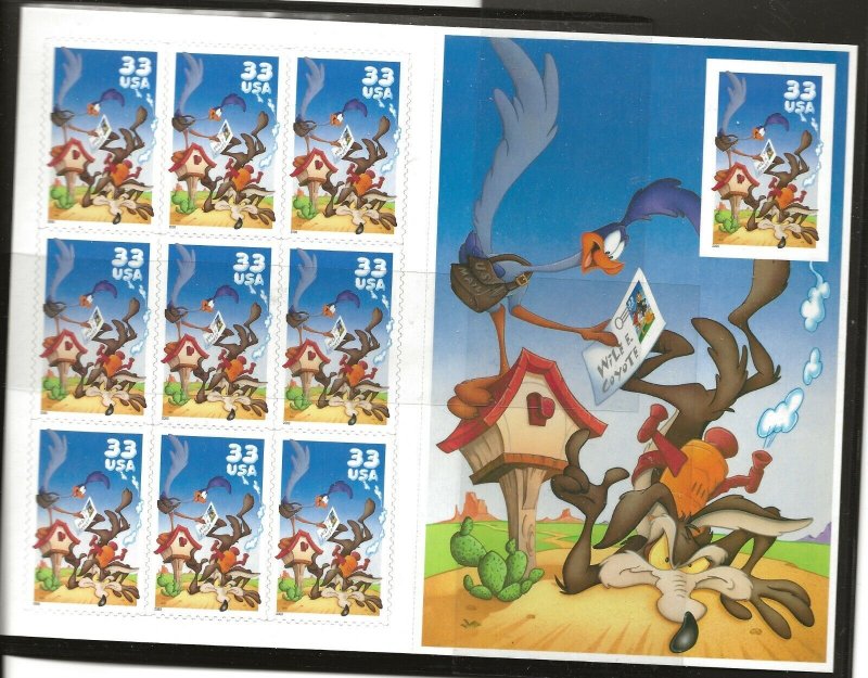 US Scott #3392, Miniature Sheet 2000 Coyote & Roadrunner 33c VF MNH DIE CUT!