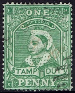 VICTORIA 1884 QV STAMP DUTY 1D WMK V/CROWN SG W19 PERF 13 USED 