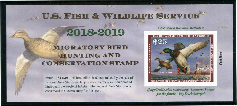 RW85A 2018 MIGRATORY BIRD SELF-STICK DOLLAR BILL SIZE DUCK STAMP  NH - SALE!