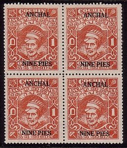 INDIA COCHIN 9p overprint SG92a mint block of 4............................34360