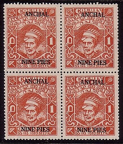 INDIA COCHIN 9p overprint SG92a mint block of 4............................34360