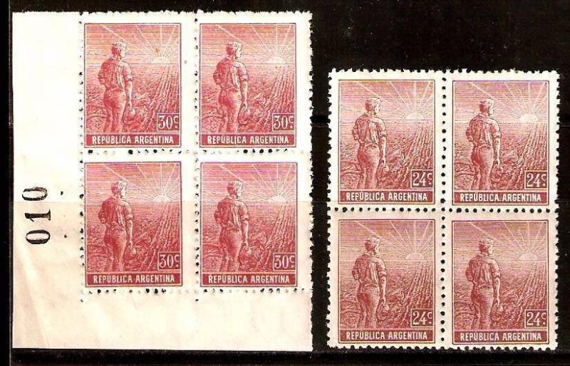 #254 ARGENTINA 1911 FARMER 24c+30 BLOCS OF 4,Sc 198-9 GJ 346-7,MT 186-7 MNH