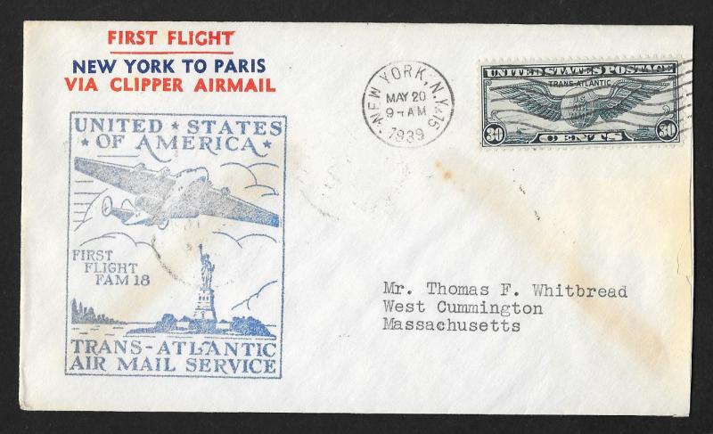 UNITED STATES First Flight Cover 1939 New York to Marseille France