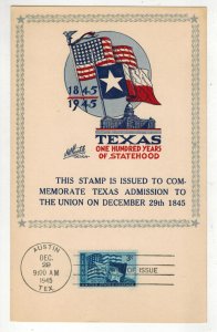 1945 STAEHLE SOUVENIR CARD FDC 938 TEXAS STATEHOOD ADMISSION TO UNION 100th ANN.