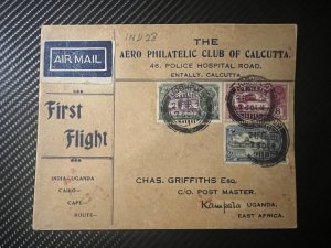 1931 India Airmail First Flight Cover FFC Entally Calcutta to Kampala Uganda