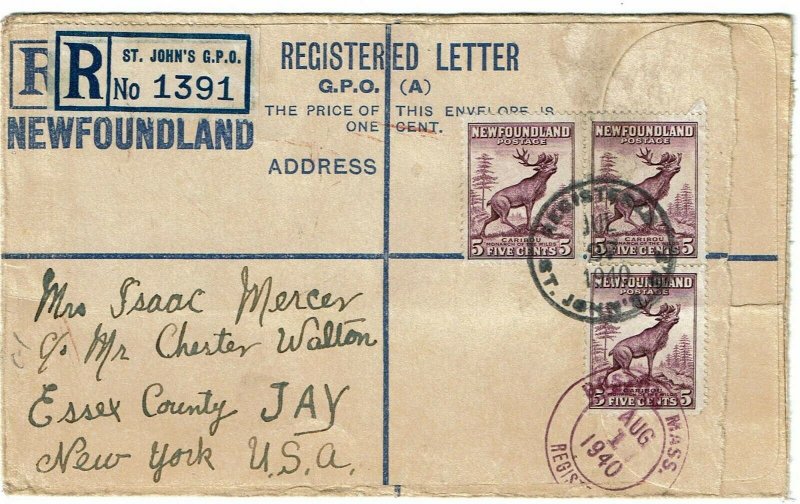 Newfoundland 1940 St. Johns cancel on formula registry envelope to the U.S.