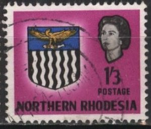 N. Rhodesia 83 (used) 1sh3p Eliz. II, coat of arms, brt red lilac & black (1963)