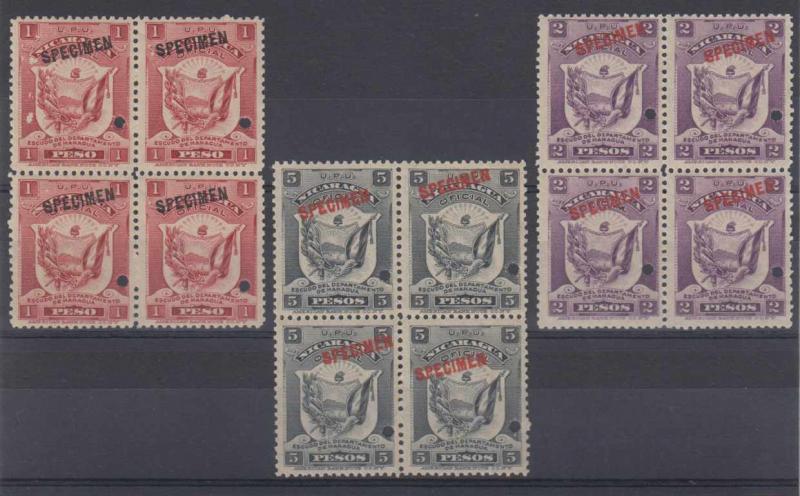 NICARAGUA 1905 OFFICIALS Sc O158-O166 FULL SET BLOCKSx4 PERF PROOFS SPECIMEN MNH 