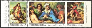 Ras Al Khaima UAE 1970 Art Paintings Christmas Del Sarto Strip of 3 MNH