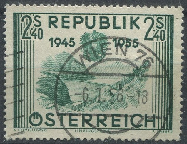 Austria Sc#603 Used, 2.40s dk bl grn, Recovery Independency (1955)