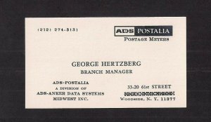 BUSINESS CARD FOR ADS POSTALIA METER STAMPS 1975 QUEENS NY interesting ms rev!
