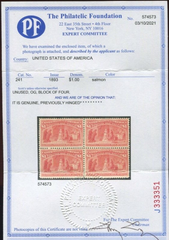 241 Columbian High Value Mint Block of 4 Stamps with PF Cert HZ30