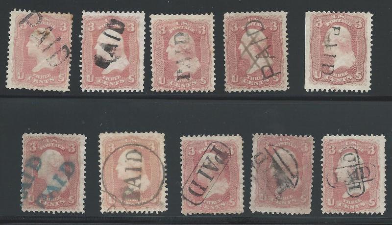 Ten Different PAID Cancels, Used, Post Marks - Paids, Col...