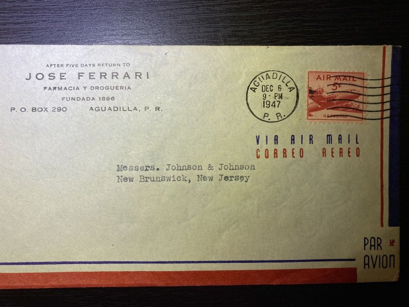 Jose Ferrari corner Aguadilla Puerto Rico 1947 Airmail Envelope 5c rate to New J 