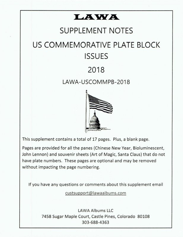 2018 US COMMEMORATIVE PLATE BLOCKS  SUPPLEMENT – LAWA Album Pages