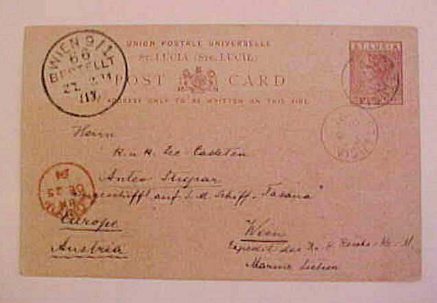 ST. LUCIA 1891 B/S GERMANY LONDON TRANSIT